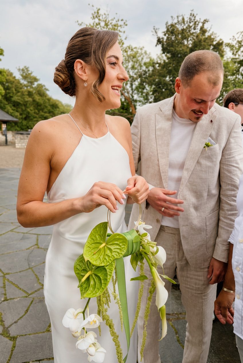 Laughing bride with a low bun and a green-and-white bouquet