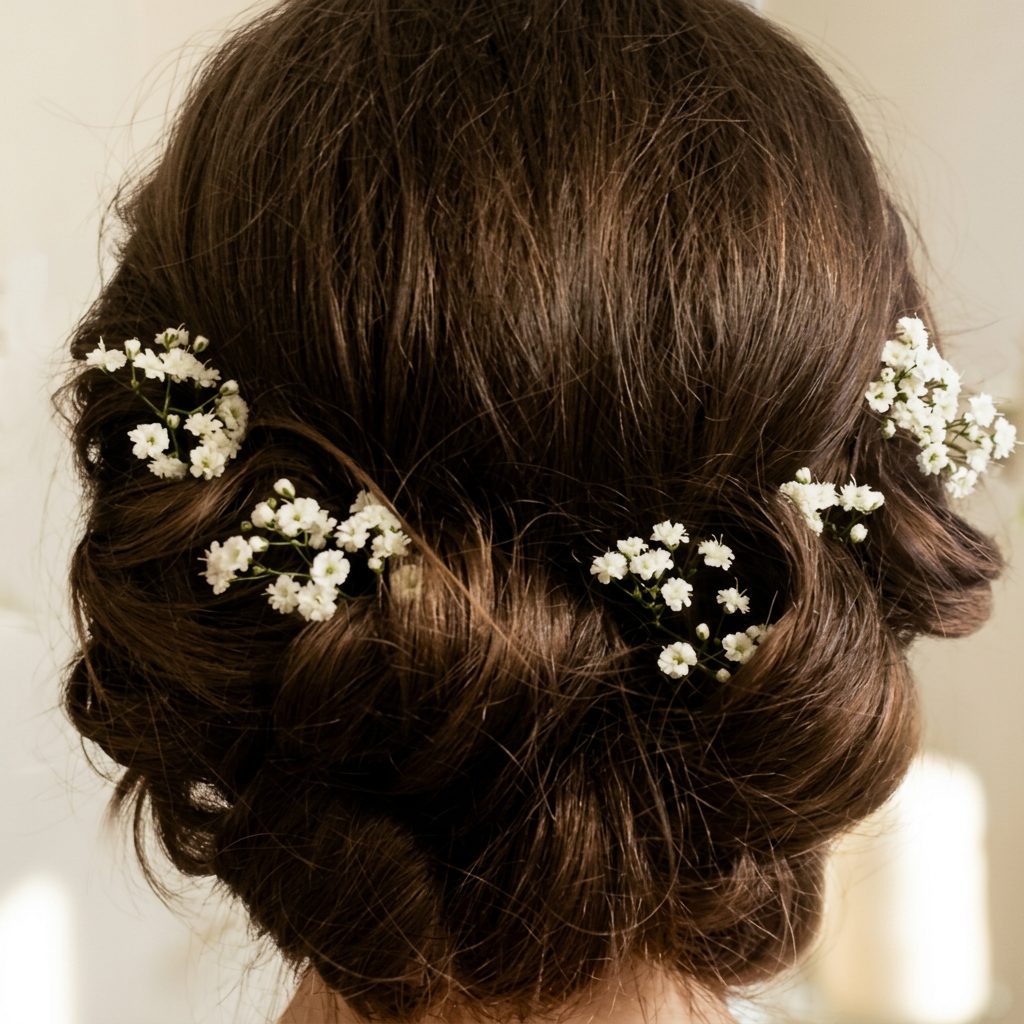 Elegant braided bun with baby's breath