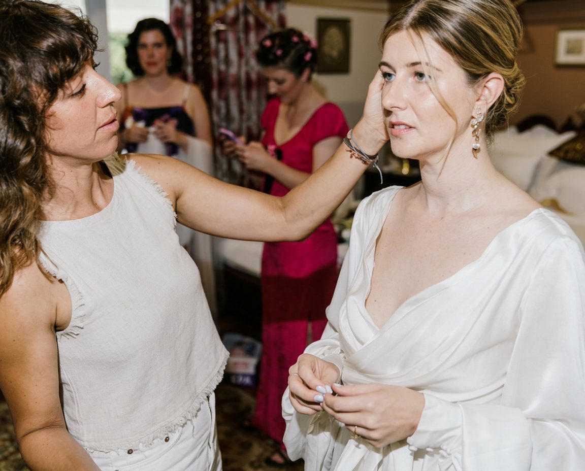 Annika applying bridal make-up on the wedding morning