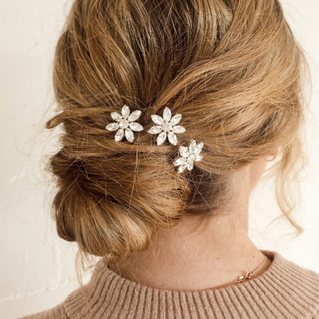 Soft updo with white floral pins