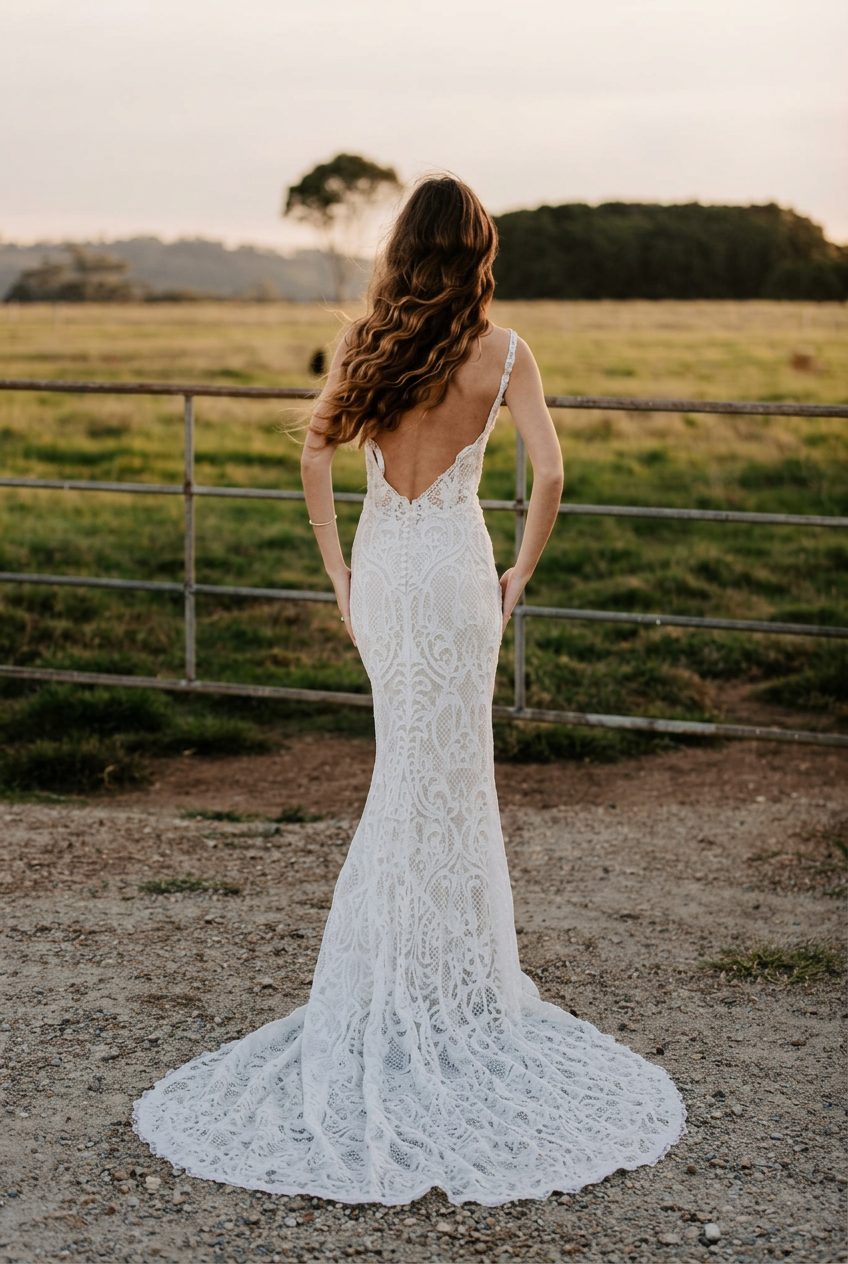 Bride with long soft waves worn loose in a country setting