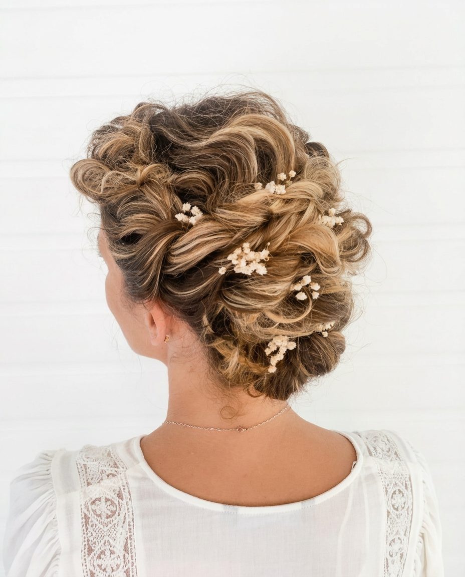 Voluminous braided bridal updo with delicate baby's breath