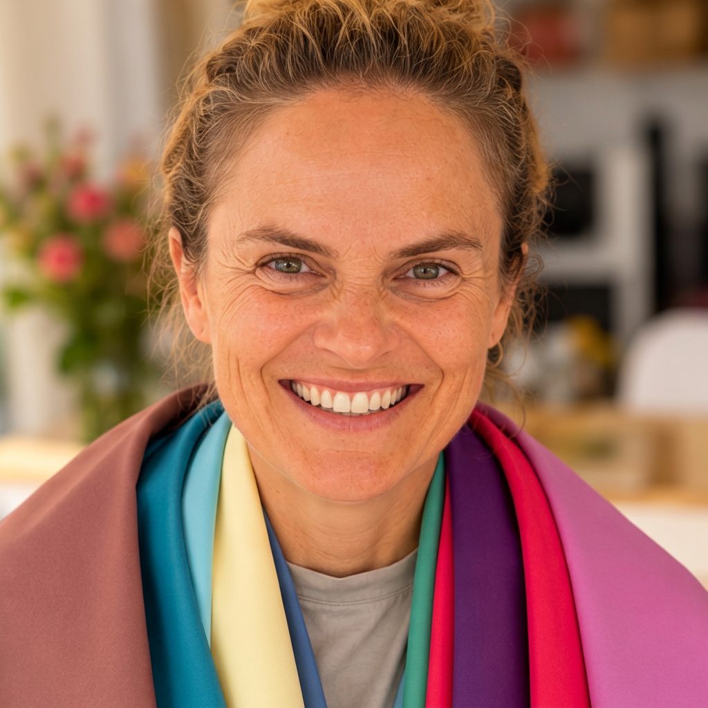 Client smiling with colour fabrics around her shoulders