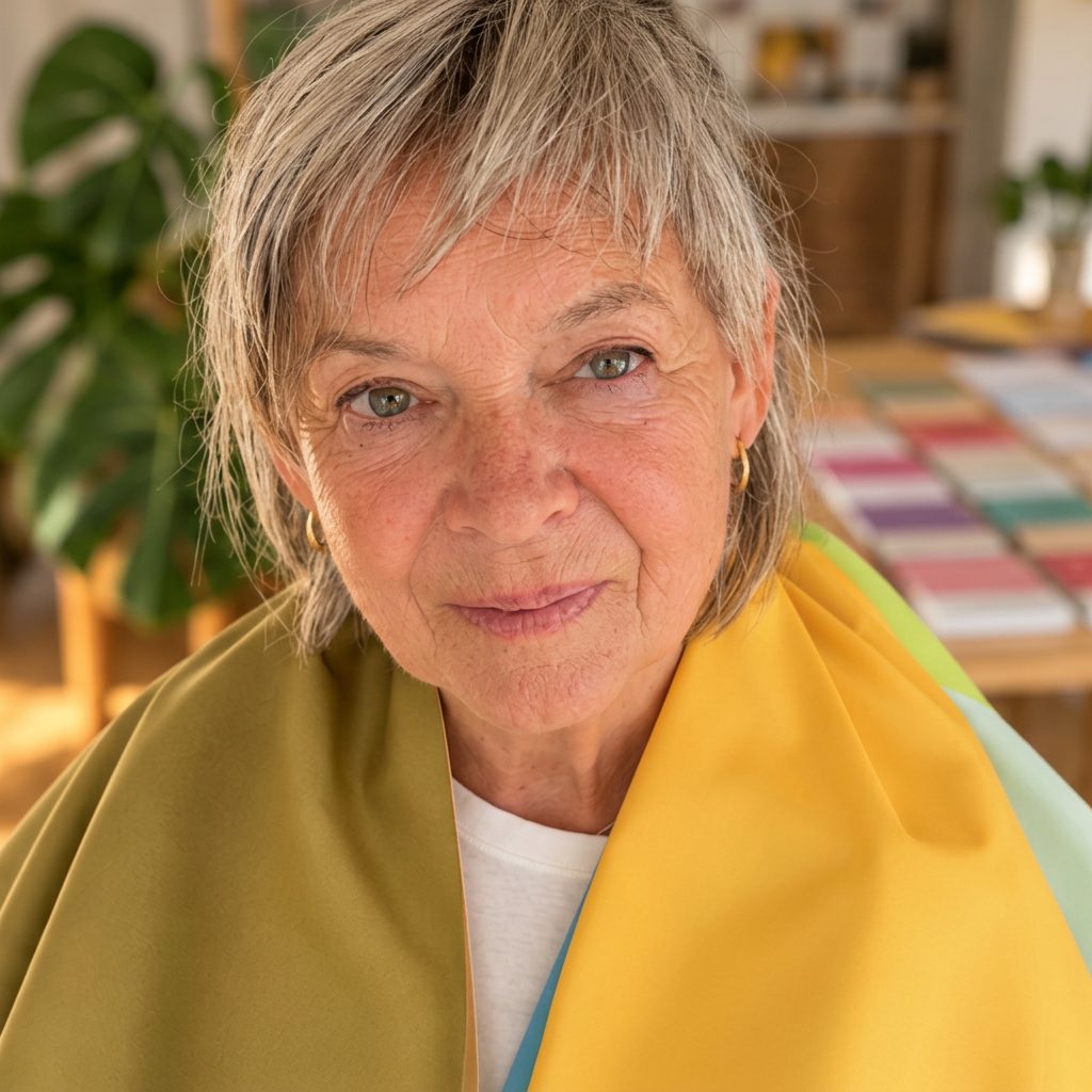 Client with grey hair wearing warm yellow fabrics