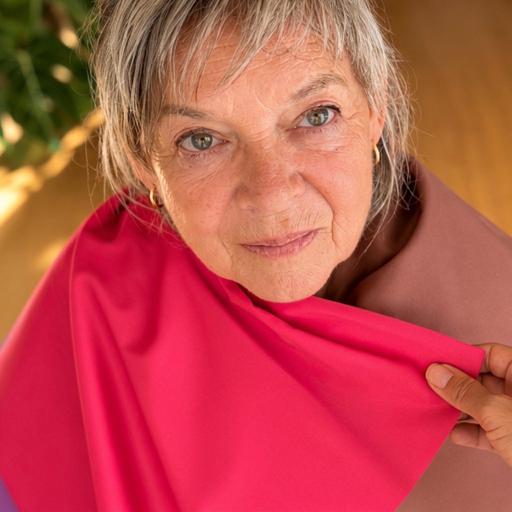 Client with grey hair trying a pink fabric