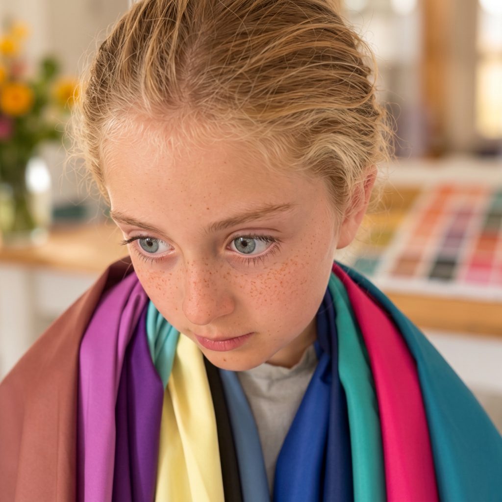 Young client surrounded by colour fabrics