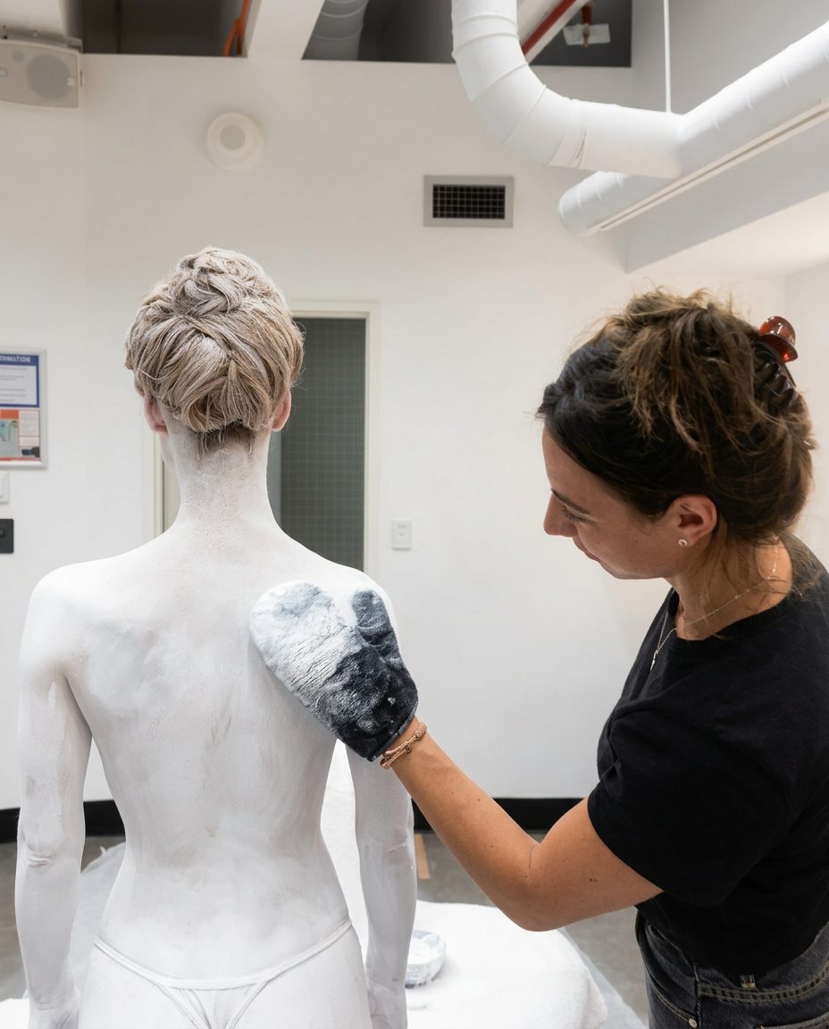Annika applying white body paint for a stage production