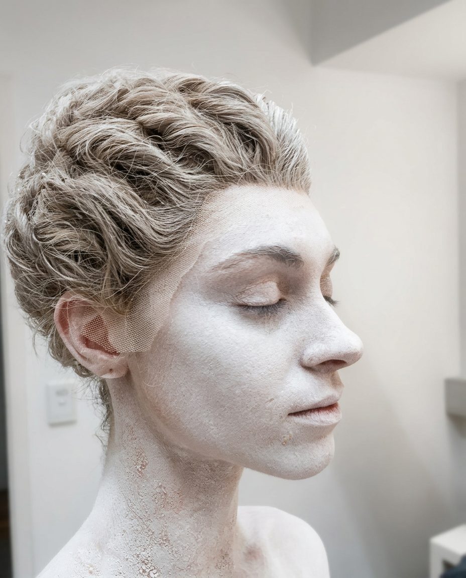 White stage make-up with an elaborately styled wig