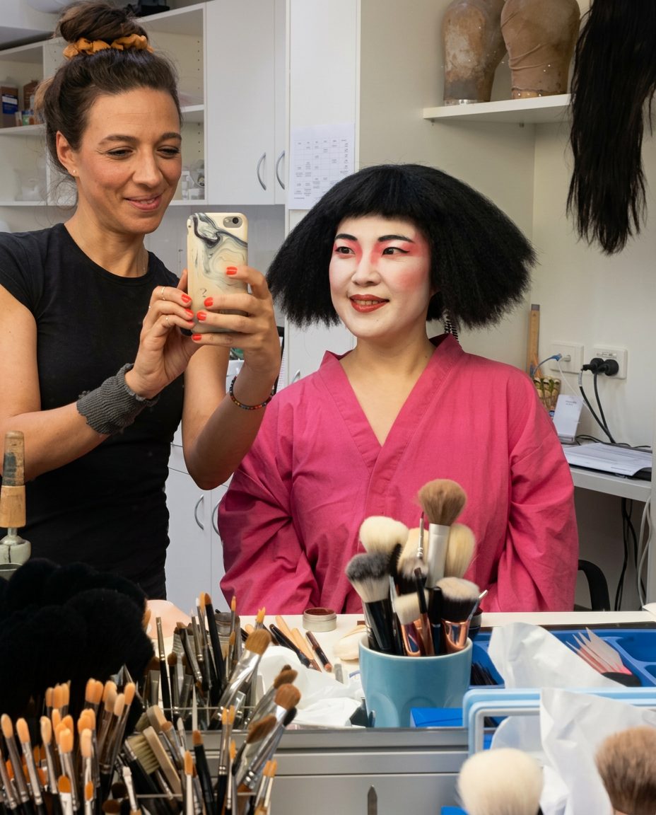 Character make-up with a geometric black wig