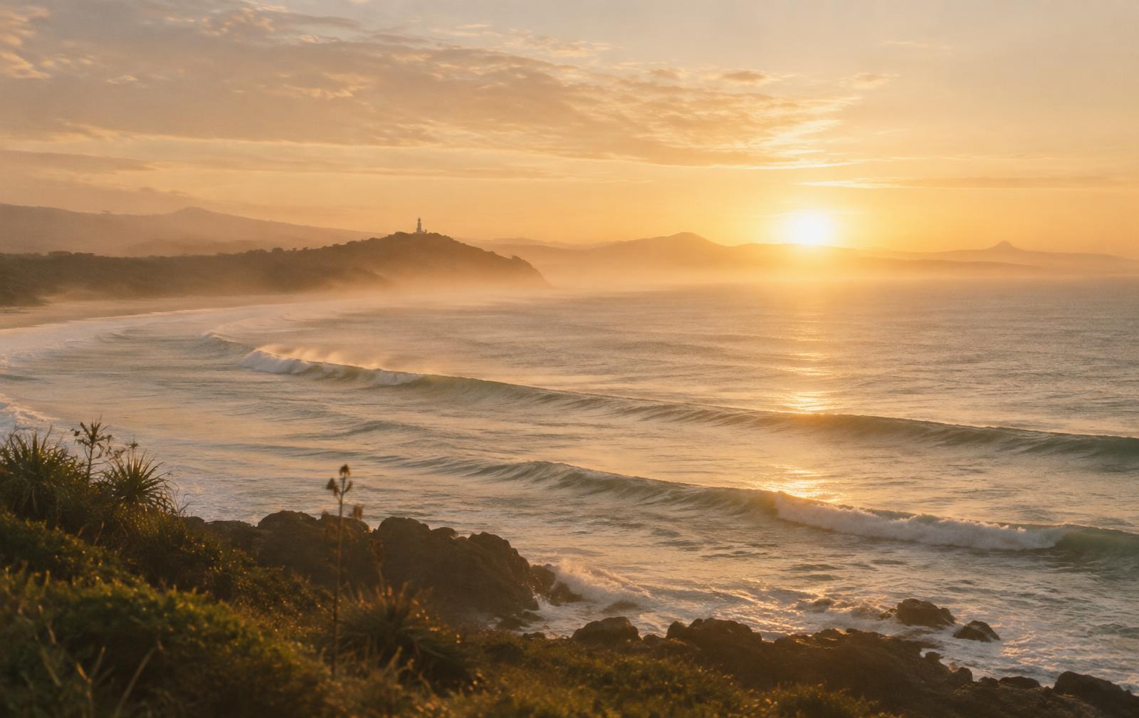 Ocean at sunrise near Byron Bay in soft golden light