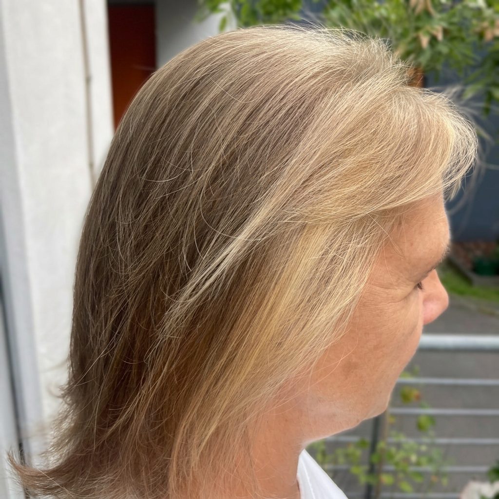 Softly blended blonde after plant colour, side view