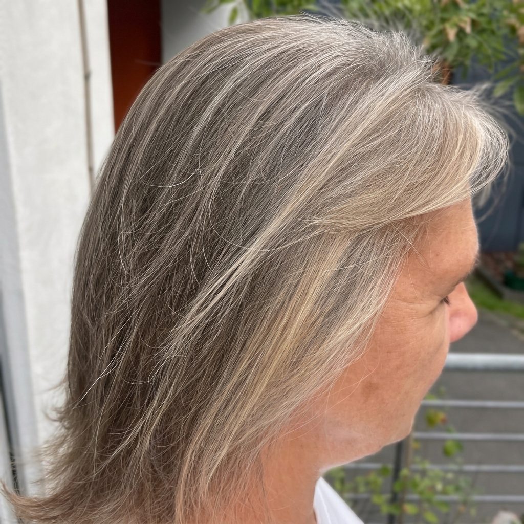Grey hair before plant colour, side view