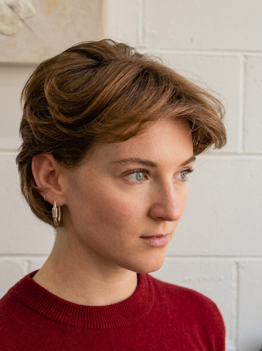 Short, wavy haircut in profile