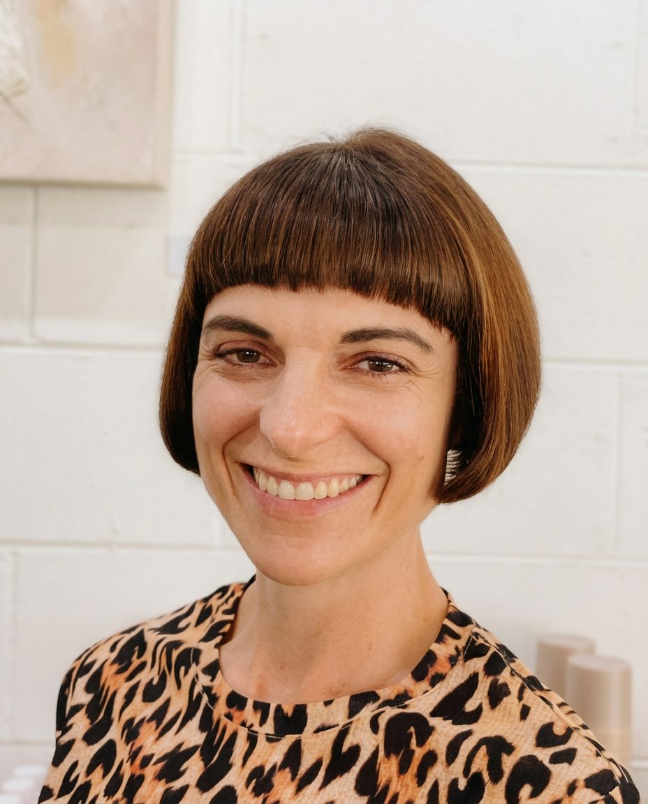 Smiling client with a precise bob and fringe