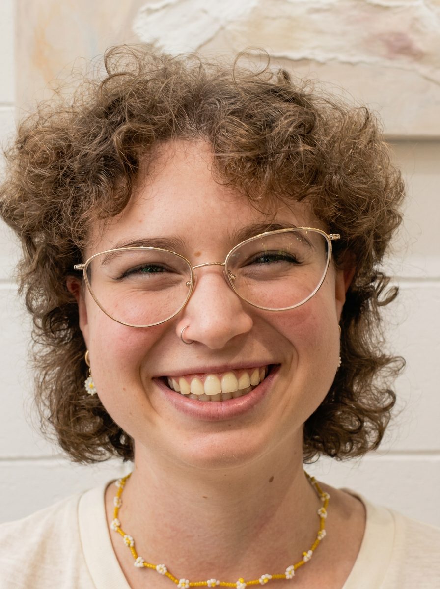 Smiling client with curly haircut and glasses