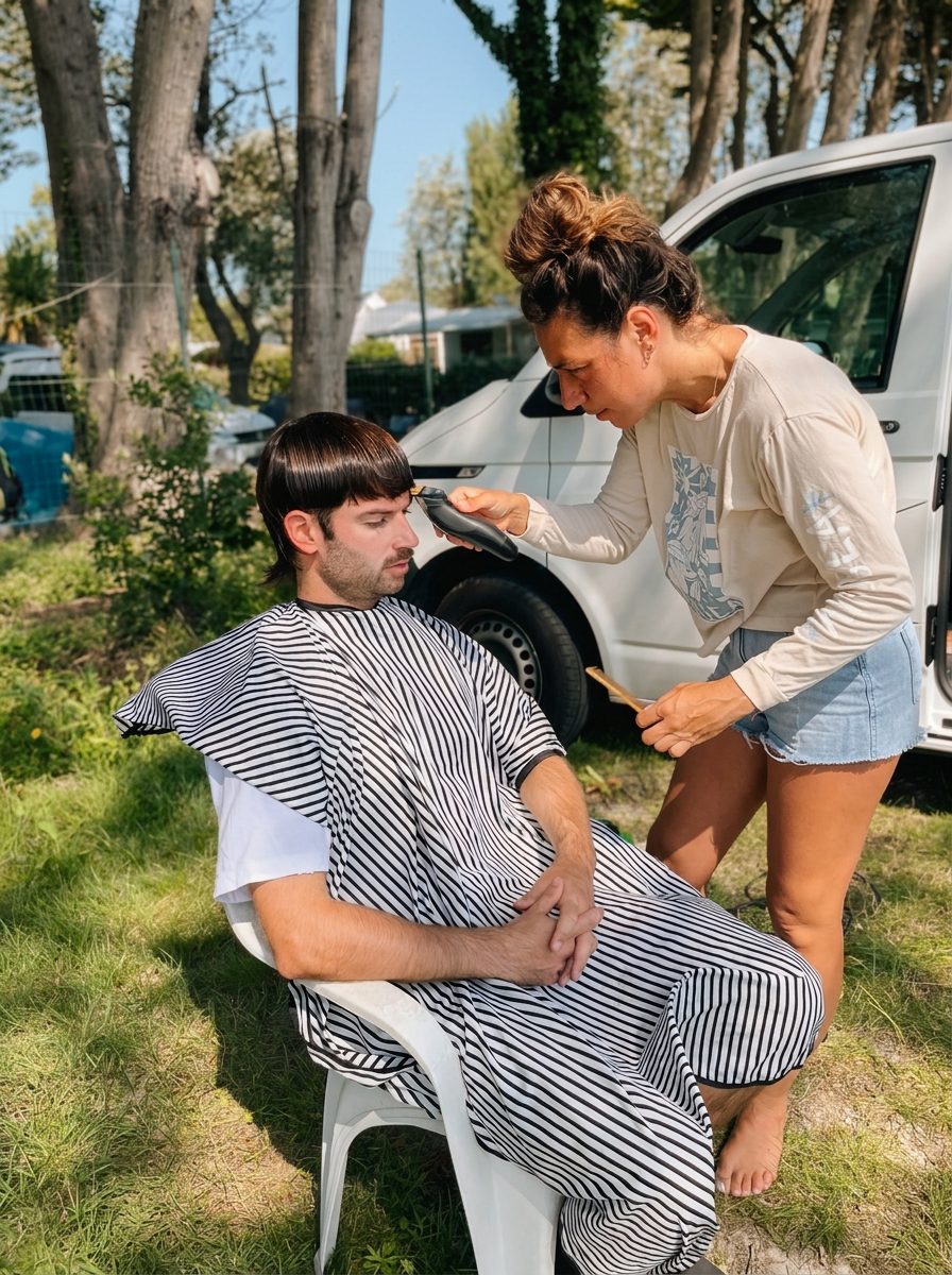 Annika cutting hair outdoors