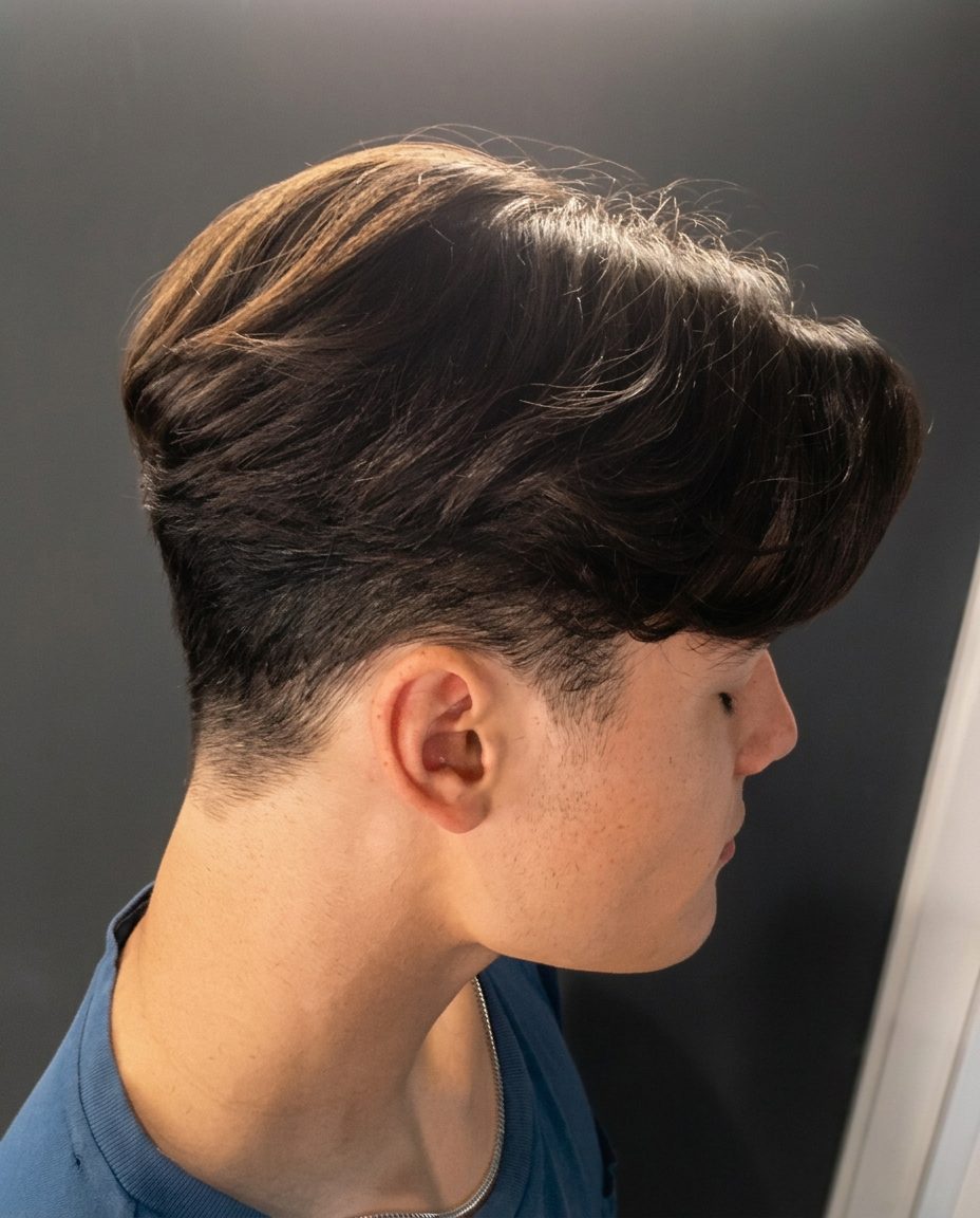Precise men's haircut with a side part and beard
