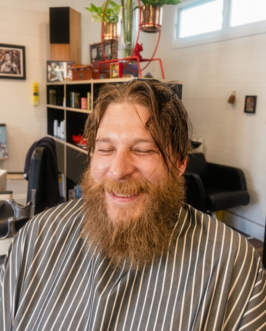 Smiling client in a striped cutting cape before his haircut