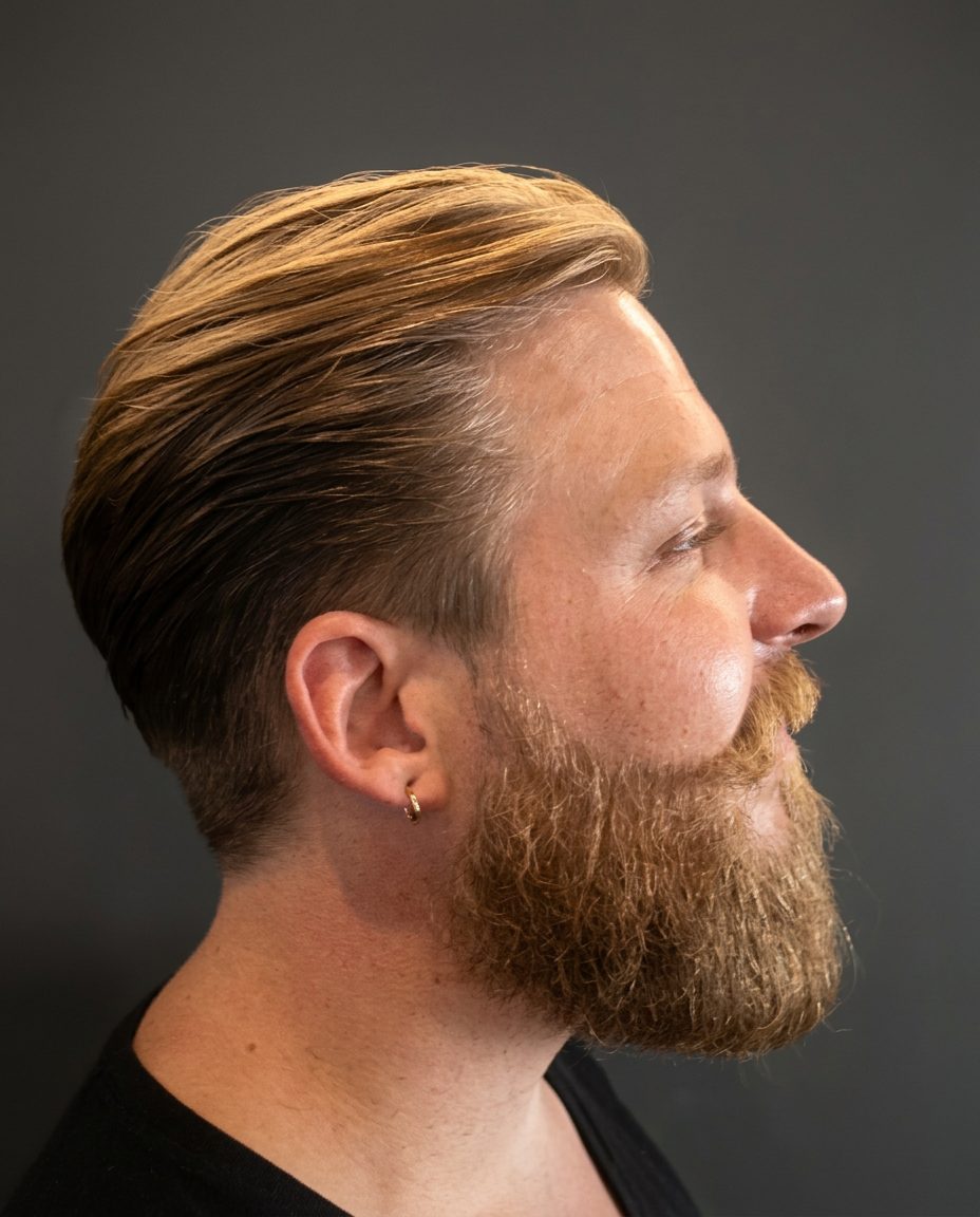 After: modern short haircut with a longer top in profile, black t-shirt
