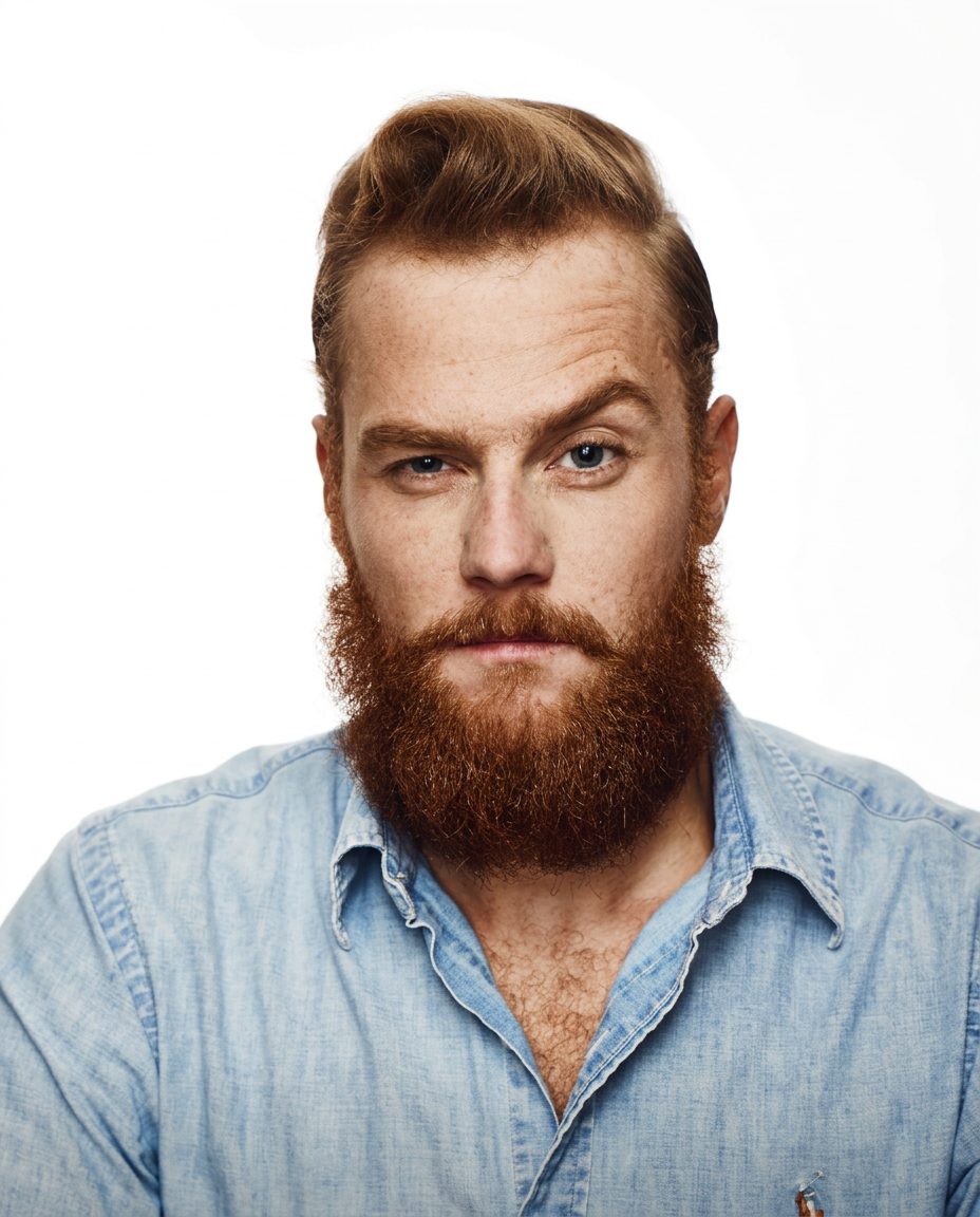 Classic men's haircut with swept-back top and beard